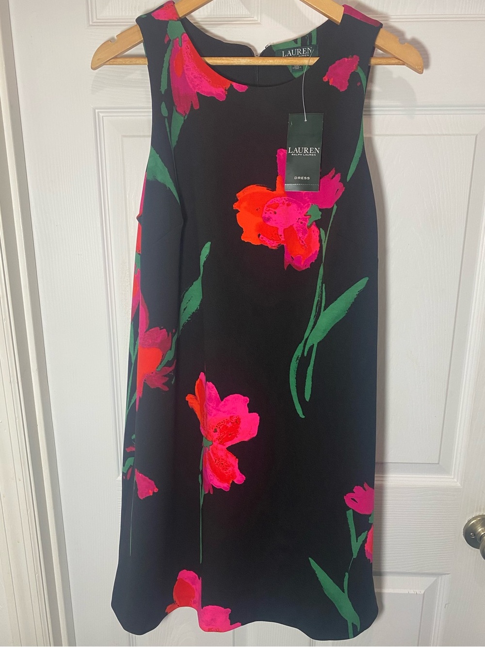 Ralph Lauren NWT 16 Black Midi Dress with Hot Pink and Red Floral Print